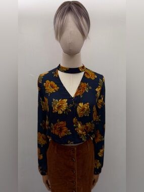 Forever 21 Floral Choker Neck Blouse Navy Mustard Long Sleeve Top S